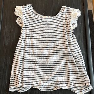 Joie Sleeveless Navy and White Striped Top with Eyelet Flutter Shoulder